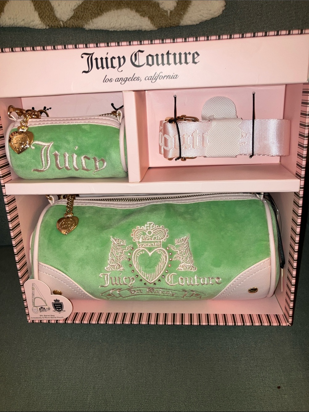 ✨Juicy Couture box set 3 pc barrel bag crossbody & micro barrel pouch NWT